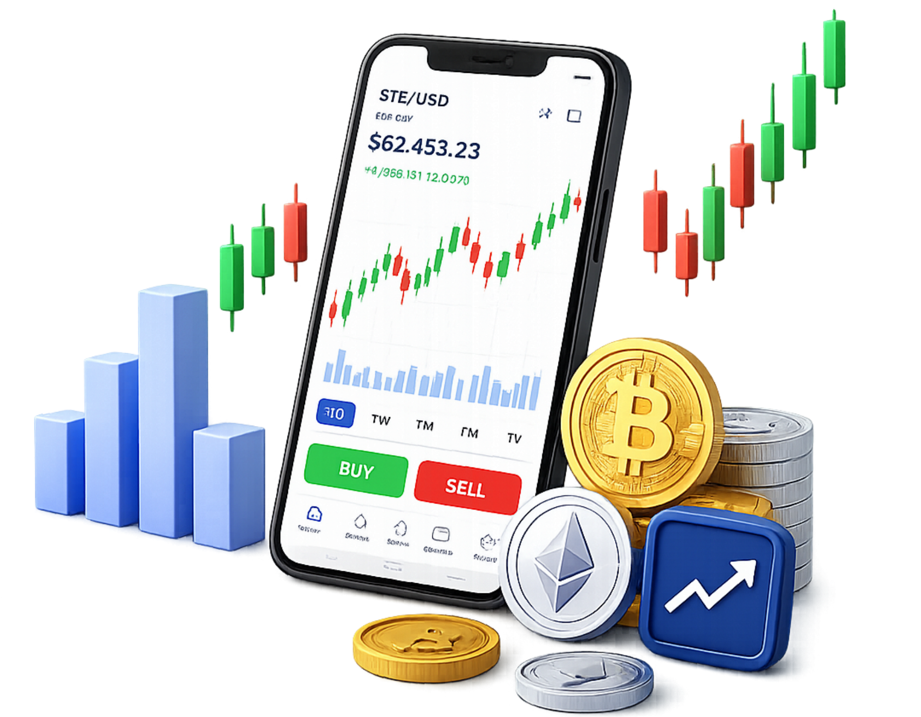 Mobile crypto trading app with Bitcoin, Ethereum, and market charts